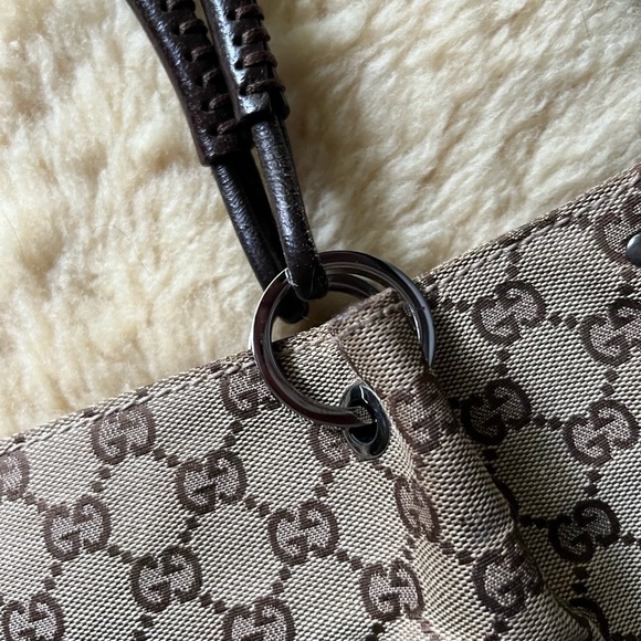 Authentic Gucci Tote Bag GG Canvas Brown Cinghiale Leather Great Condition! - Picture 10 of 16